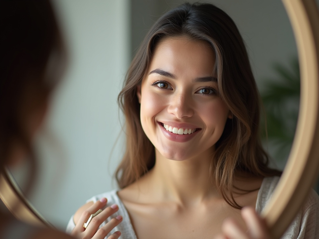 Woman smiling mirror — dental veneers coral springs