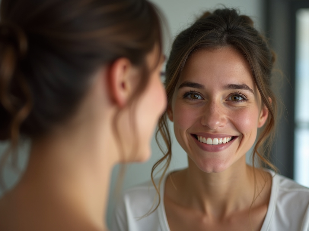 Woman smiling mirror — dental veneers coral springs
