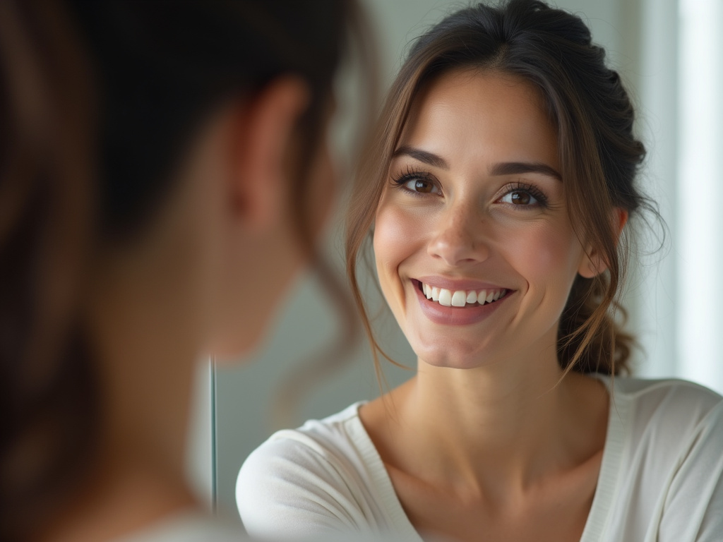 Woman smiling mirror — dental veneers coral springs