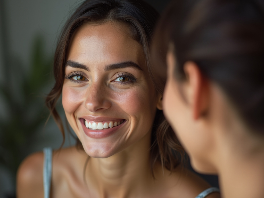 Woman smiling mirror — dental veneers coral springs