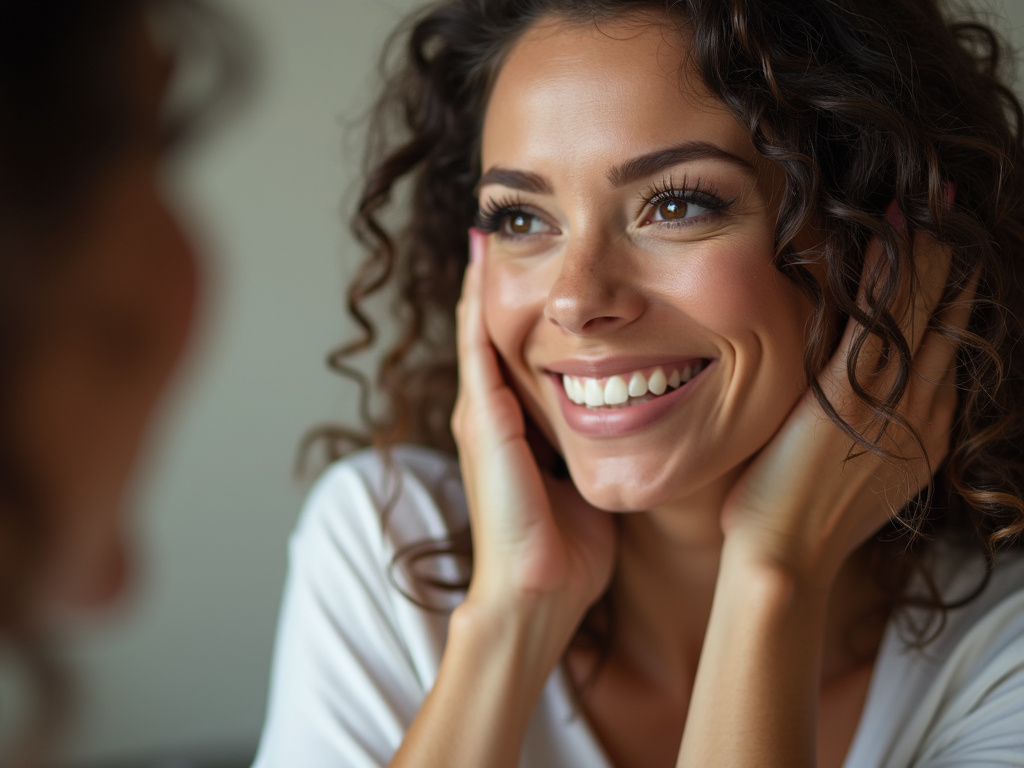 Woman smiling mirror — dental veneers coral springs